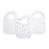 aden-anais snap bib above the clouds print front demonstrates three-layer absorbent muslin for spills.