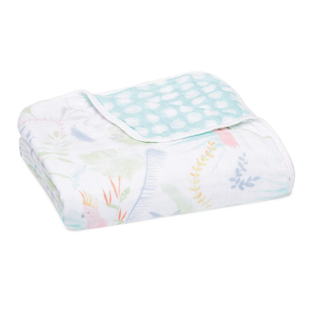 aden-anais Tropicalia Dream Blanket folded for cozy newborn snuggle.