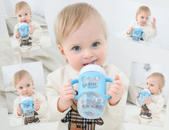 Aelop wide-neck compatible bottle handles shown on standard baby bottles.