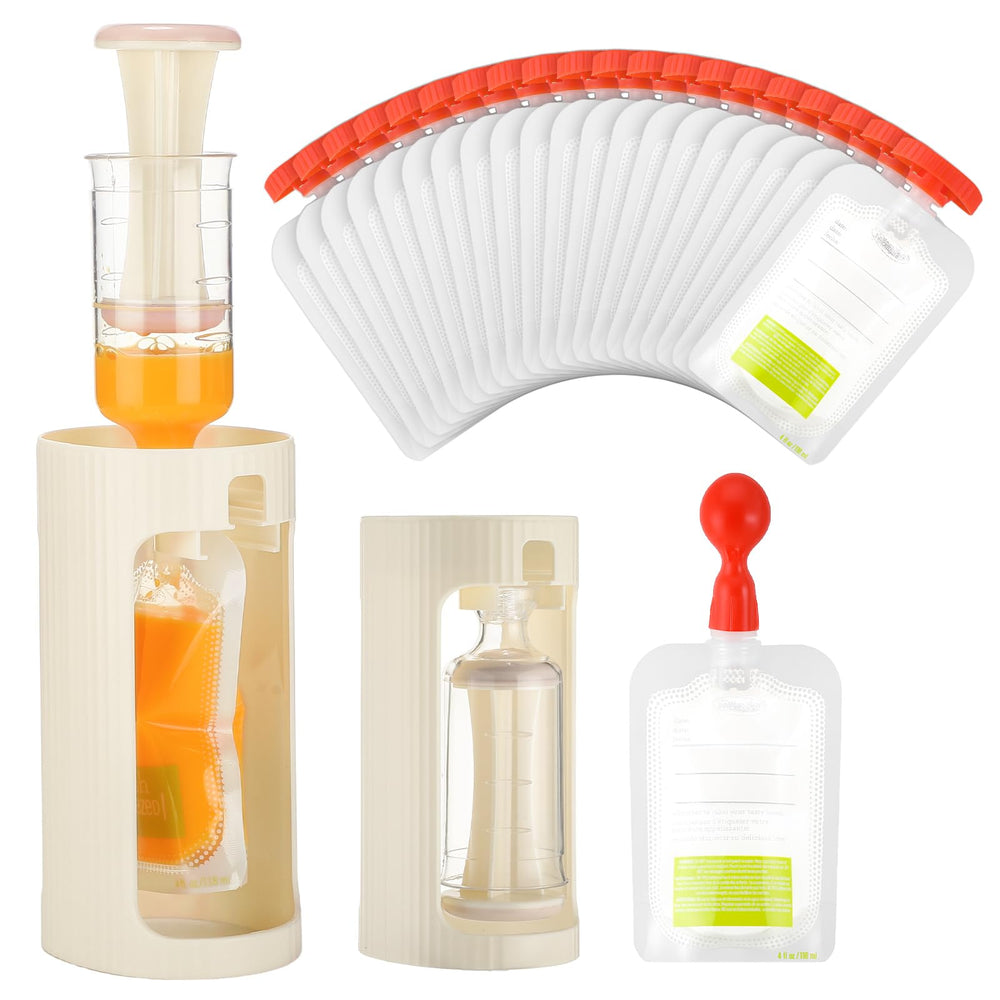 Afarnook Squeeze Station dispenser body enables precise manual filling of fresh baby purees.