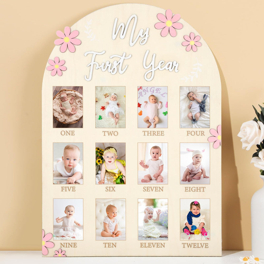Afniimyapt daisy first year board front view shows sturdy wood and cheerful daisies for memories.