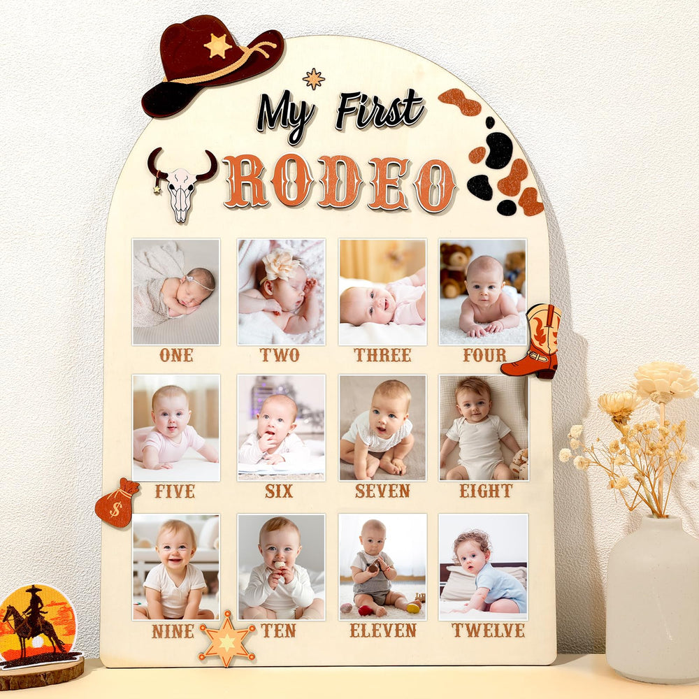Afniimyapt My First Rodeo Photo Board assembled layout displays 12 monthly milestones for a keepsake