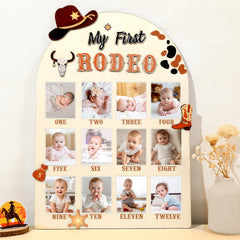 Afniimyapt My First Rodeo Photo Board assembled layout displays 12 monthly milestones for a keepsake