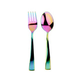 Ahimsa rainbow fork closeup shows durable titanium PVD finish for daily use.