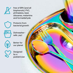 Ahimsa rainbow spoon closeup highlighting non-toxic stainless steel for safe meals.