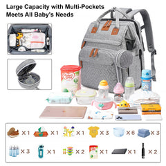 AHNTTGS Up-Grey interior with 19 organized pockets for bottles, diapers, and wipes.