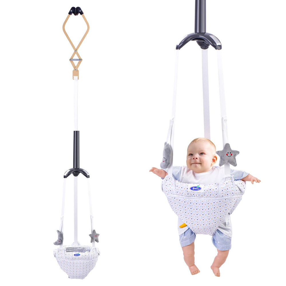 AiBeeYou baby jumper doorway with adjustable strap supports growing infants during doorway play.