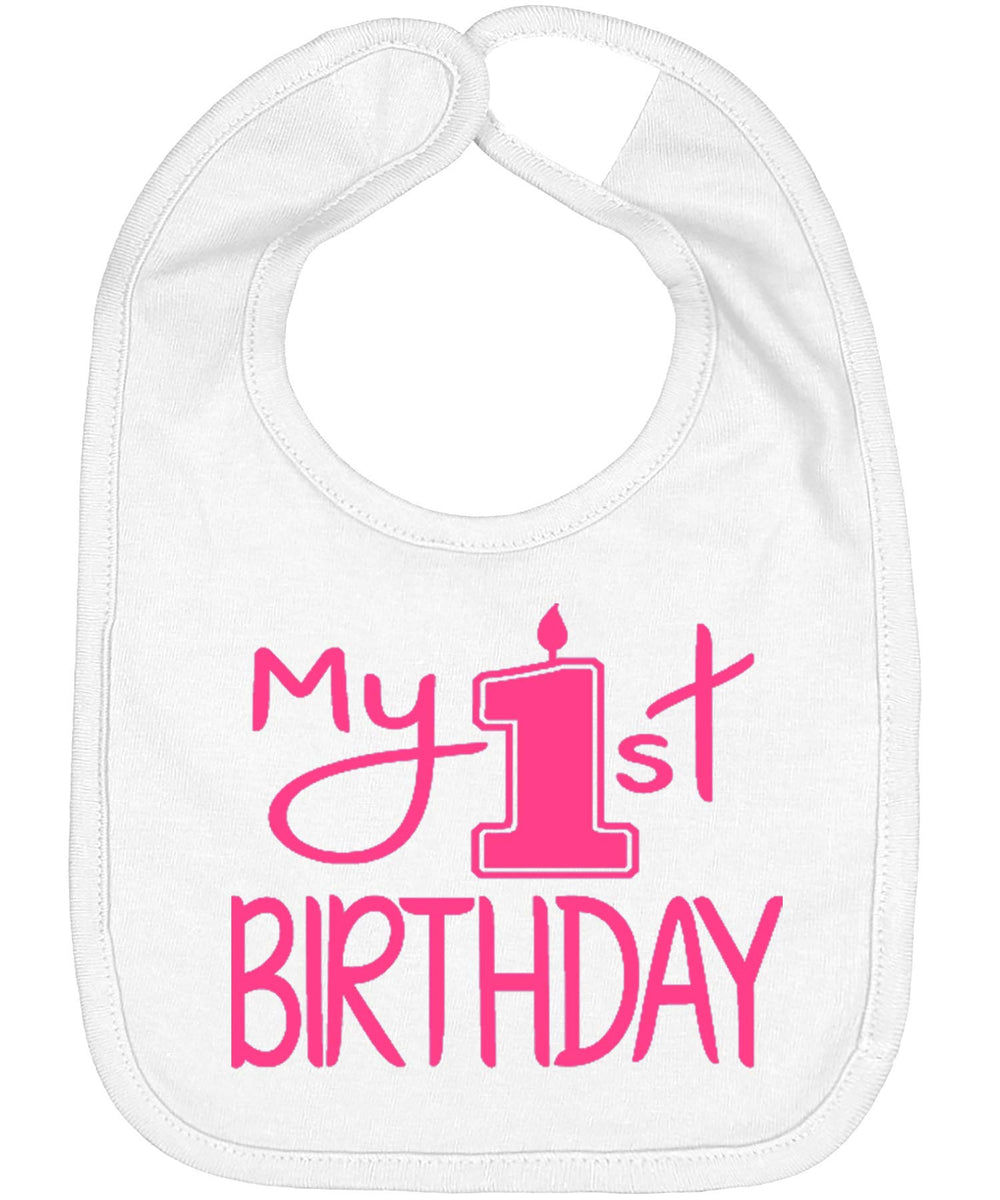 Aiden's Corner My 1st Birthday Bib pink-white front view for cake-smash photo moments.