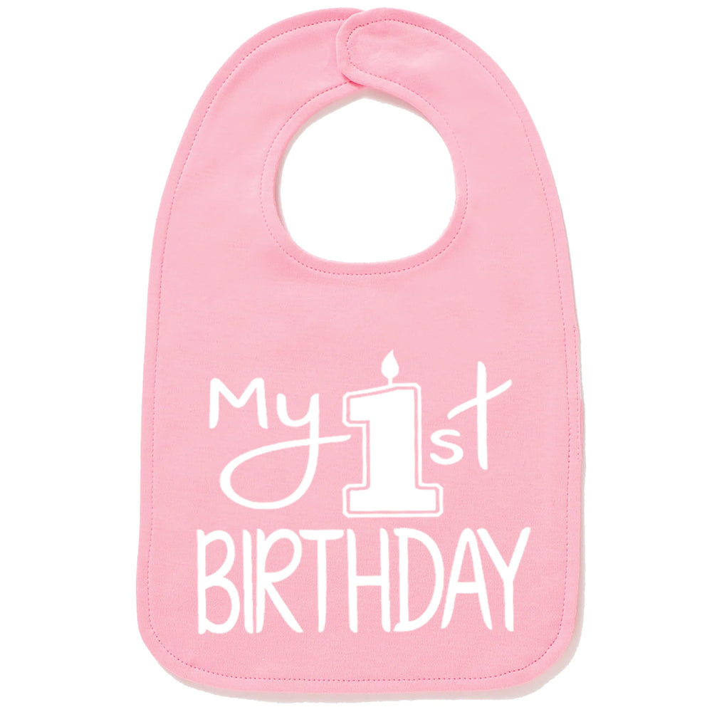 Aidens Corner My 1st Birthday Bib white-pink front view highlights soft cotton comfort for cake smash.