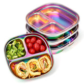 AIEVE stainless steel kids plates with lids pack showing four colorful sections for meals