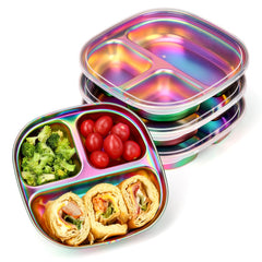 AIEVE stainless steel kids plates with lids pack showing four colorful sections for meals