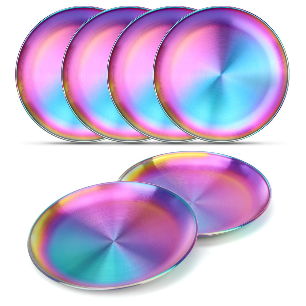 AIEVE stainless steel kids plates with rainbow-hue for colorful, durable meals.