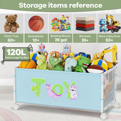 AIJIAMEIER kids toy box blue side with wheels shows easy mobility for rearranging play areas.