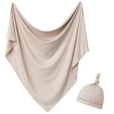 Aijoviko newborn swaddle blanket with hat set—soft jersey knit for gentle warmth.
