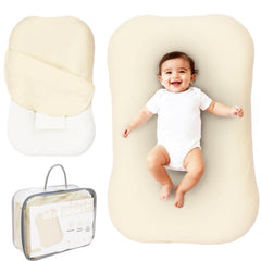 Aila + Aiden baby lounger cream side view shows breathable cotton for cozy day lounging