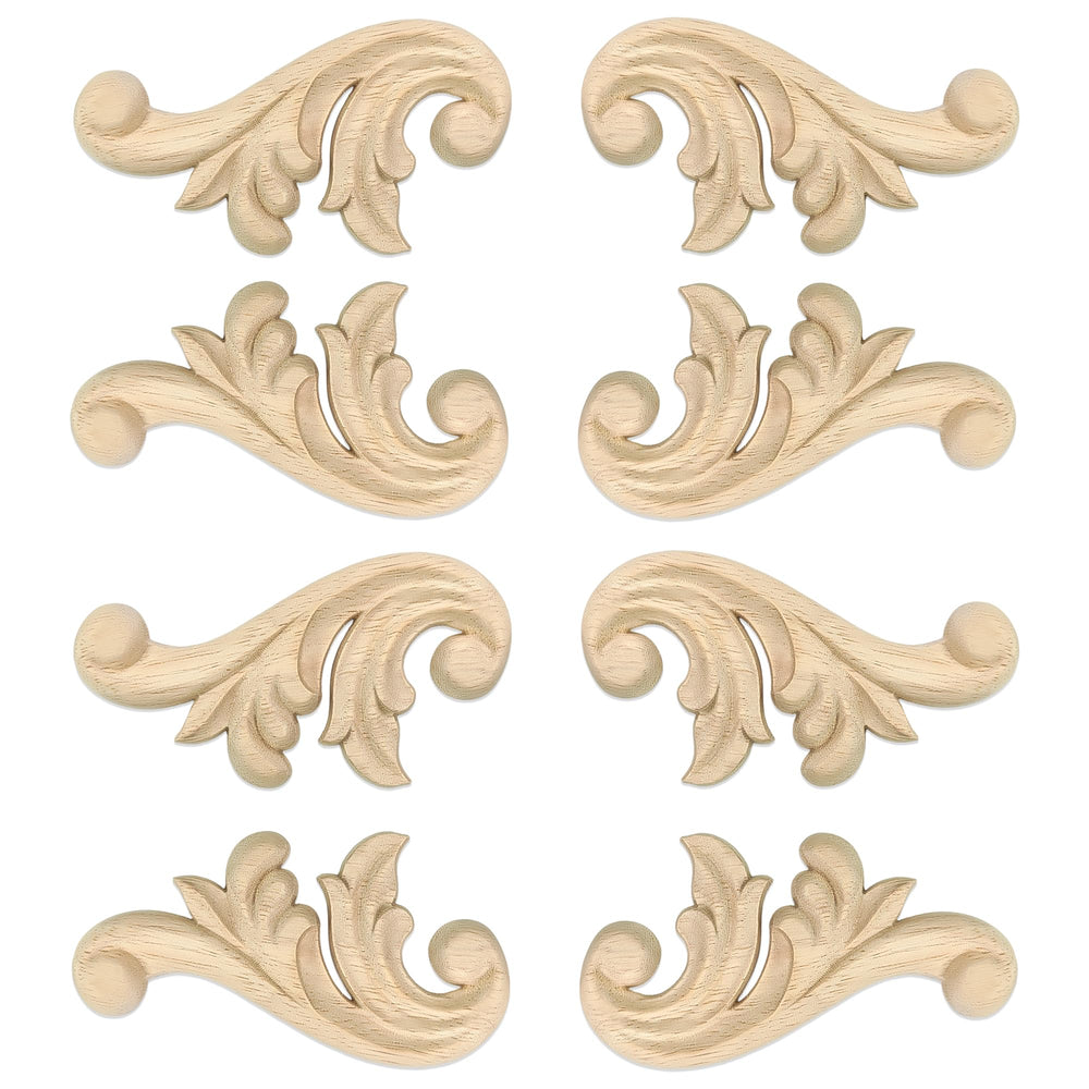 Aiminjey 8pcs decorative wood flower carved applique corner onlay showing natural wood grain