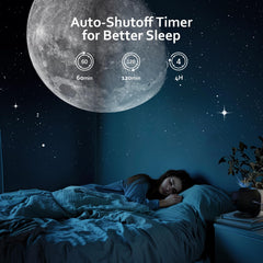 Ainael Galaxy Projector Moon in Space slide highlights lunar glow on ceiling.