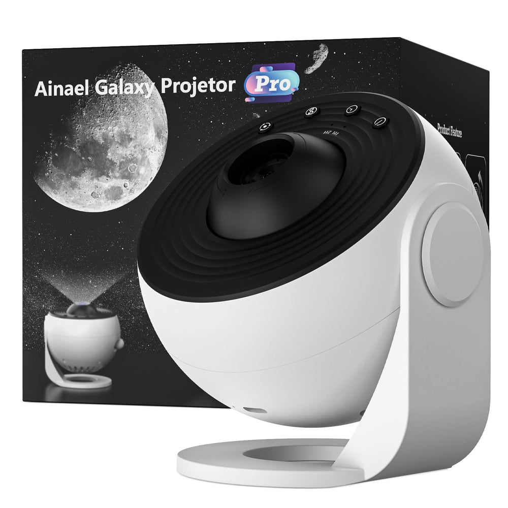 Ainael Galaxy Projector Pro on a table creating immersive bedtime starry ambiance.