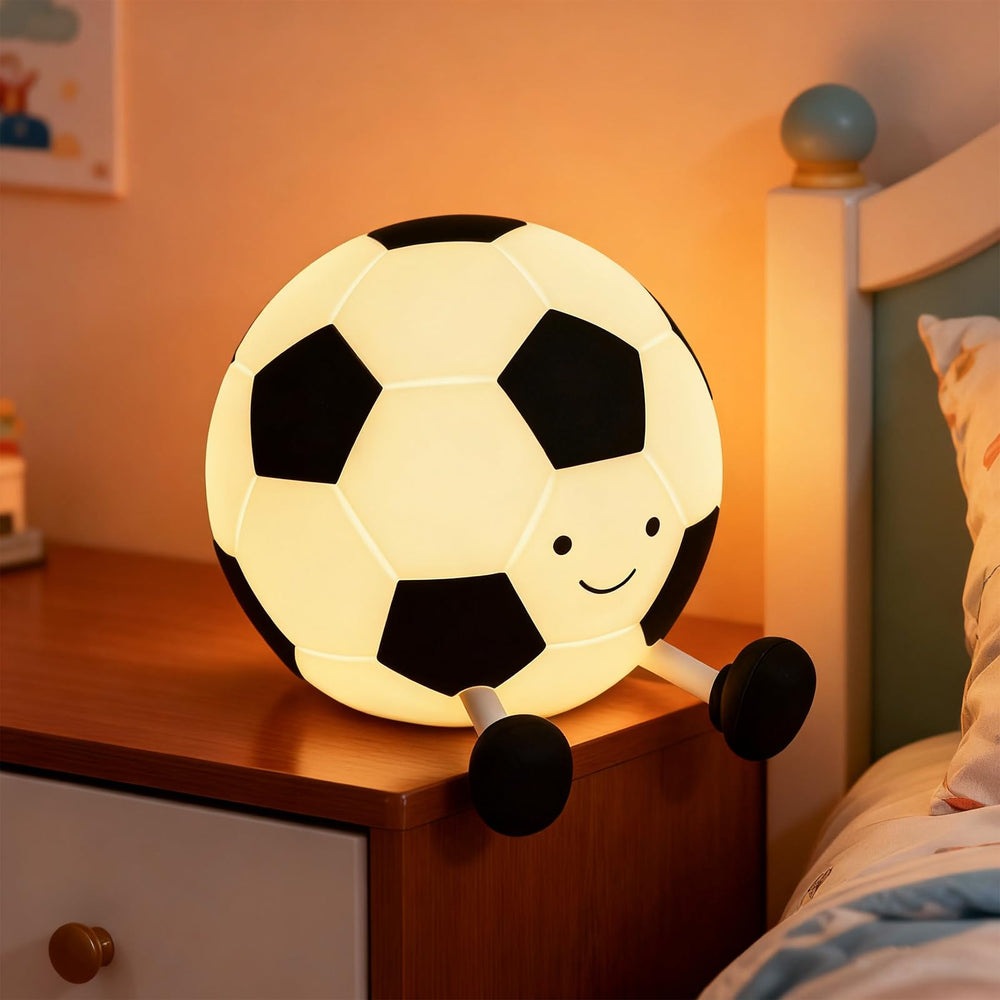 AINEEU soccer night light with a smiling face provides safe, cozy nursery decor.