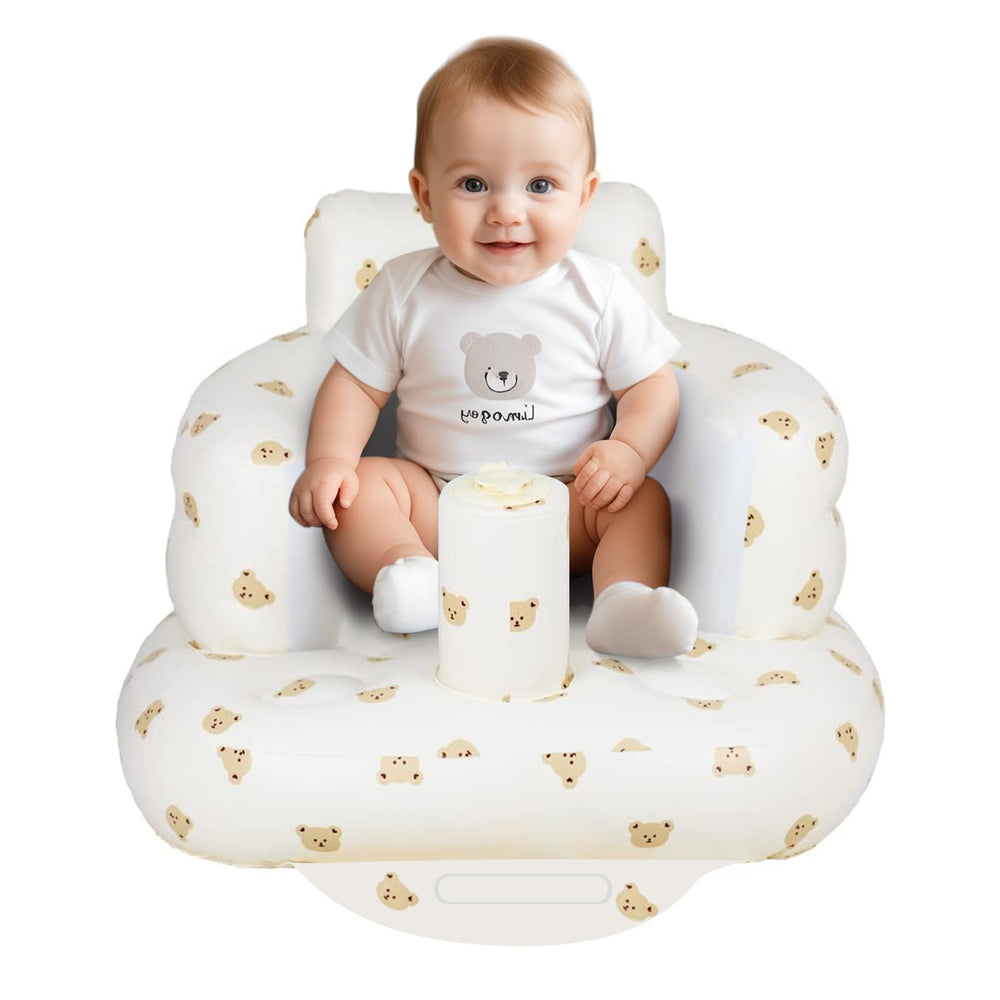 AirSwim inflatable baby seat with bear head front view highlighting supportive backrest for learning to sit