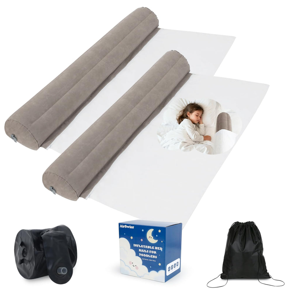 AirSwim inflatable toddler bed rail in full setup for travel safety and stability.