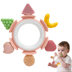 AiTuiTui teething ring peach close-up highlights colorful shapes for engaging teething time