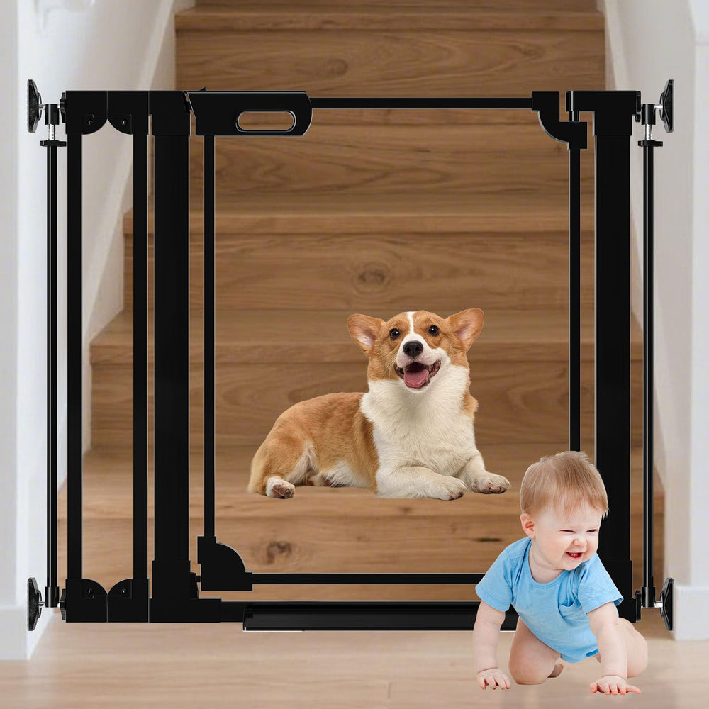 AiWMGL clear baby gate wide view shows adjustable 29-48 inch opening for stairs.