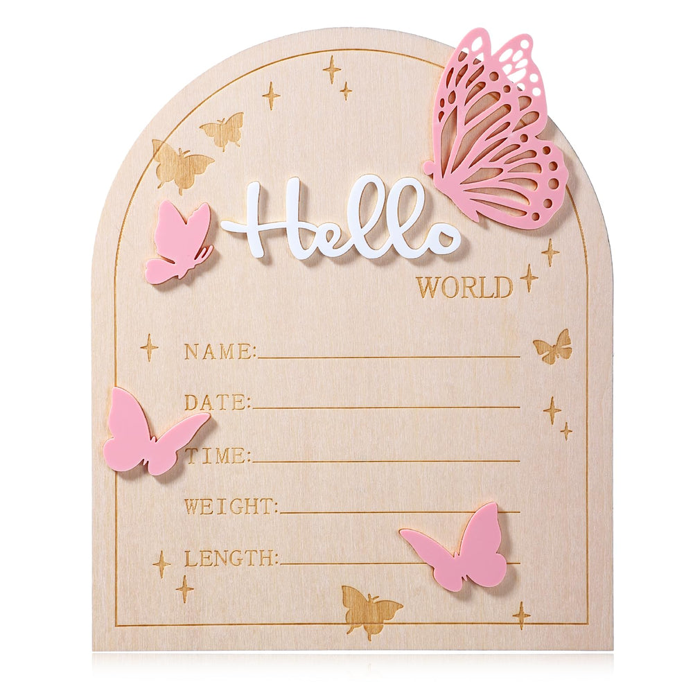 Ajcotahm Hello World newborn sign pink butterflies enhances baby photography sessions.