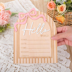 Ajcotahm Hello World Sign pink bow close-up—distinctive wall decor for nursery