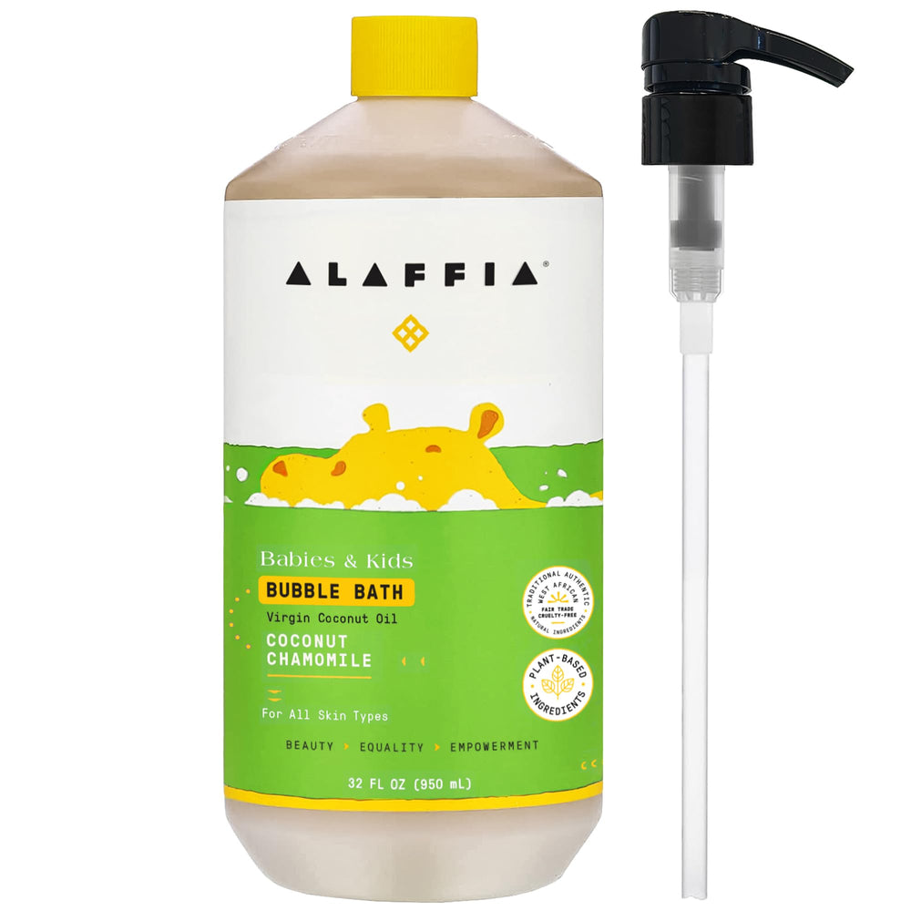 Alaffia Babies Bubble Bath coconut chamomile pump bottle promotes gentle cleansing for sensitive skin