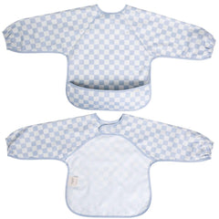 Ali+Oli Smock Bib long-sleeve blue checkers protects outfits during meals.