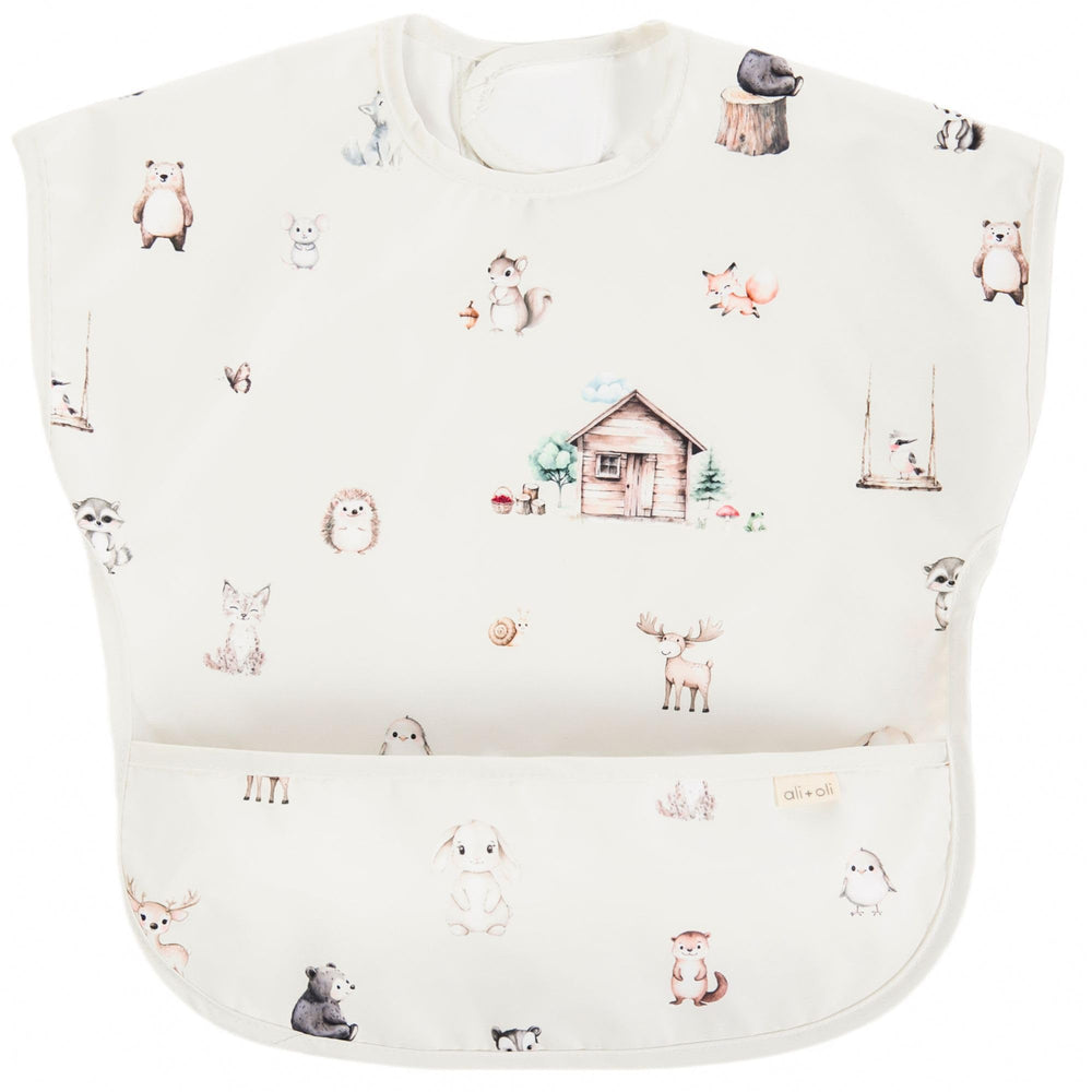 Ali+Oli Smock Bib Woodlands front view shows waterproof, easy-clean coverage during meals