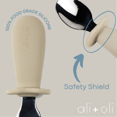 Ali+Oli khaki set with soft safety shield helps prevent deep spoon intrusion