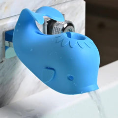 ALIBEBE faucet cover whale blue closeup shows soft silicone protecting baby during baths