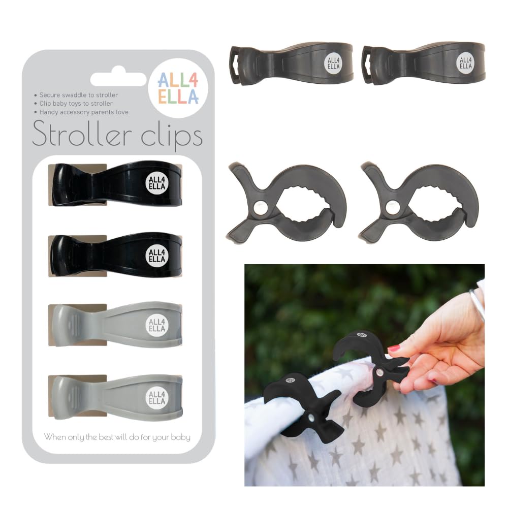 All4Ella stroller clip 4-pack mounted on a stroller for secure blanket attachments.