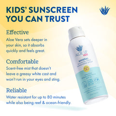 Aloe Up Kids mineral sunscreen spray mist on skin delivering even coverage.
