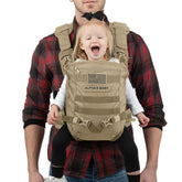 Alpha Six Baby Carrier front-facing desert khaki silhouette for active dads.