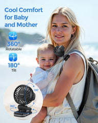 AMACOOL mini baby clip fan showing three speeds for adjustable breeze