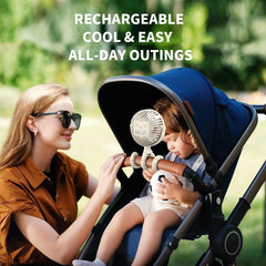 AMACOOL stroller fan with flexible tripod demonstrates adjustable positioning.