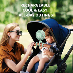 AMACOOL stroller fan with tripod legs demonstrates versatile clipping on a crib