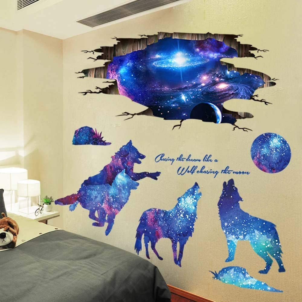AM AMAONM 3D blue starry sky wolf moon wall decal sheet creates dreamy space vibes in kids' rooms.