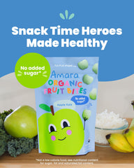 Amara Fruit Bites Apple Kale resealable-bag emphasizes travel-friendly, mess-free snacking.