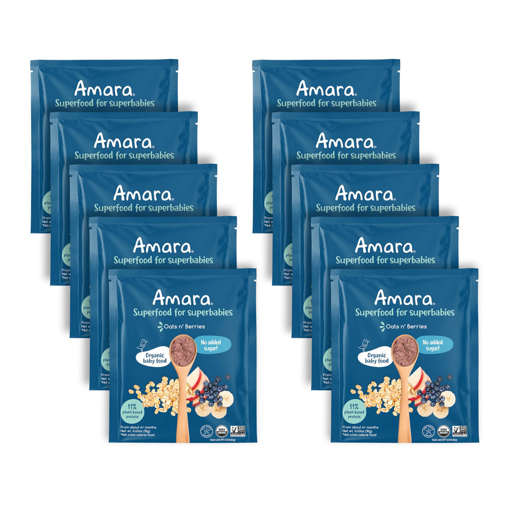 Amara Organic Baby Food pouch front shows oats and berries for easy stage 2 feeding.