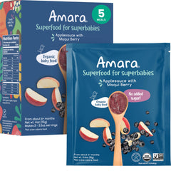 Amara Organic Baby Food Stage 2 applesauce maqui pouches for on-the-go feeding.