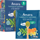 Amara Organic Baby Food Stage 2 peas corn carrots pouch front for convenient feeding