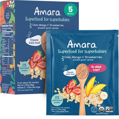 Amara Stage 3 ancient grain pouch closeup shows smooth texture for easy feeding.