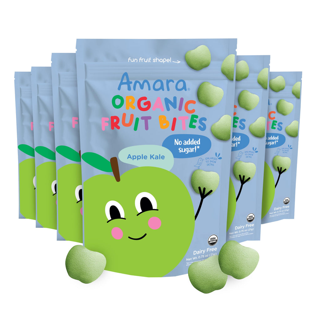 Amara Organic Fruit Bites Apple Kale pack featuring a resealable bag for on-the-go snacking.