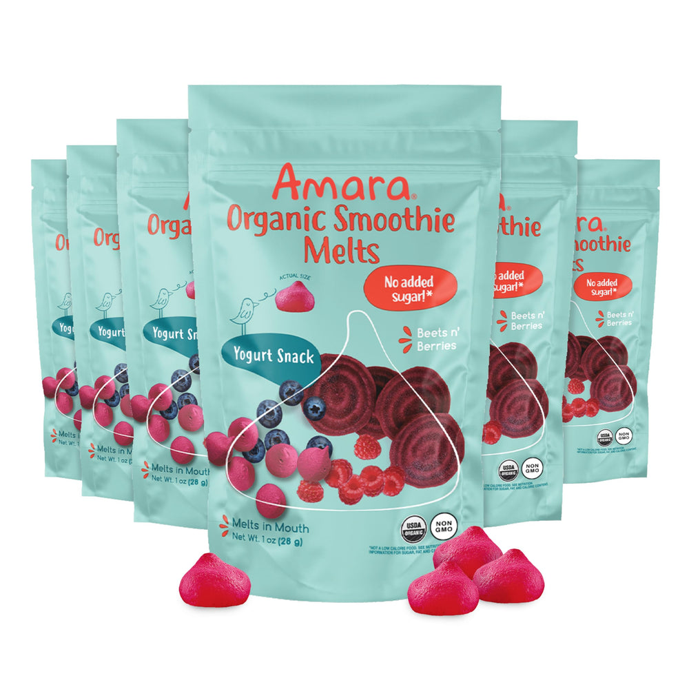 Amara Smoothie Melts Beets n' Berries bag closeup highlights resealable packaging for mess-free on-the-go snacking.