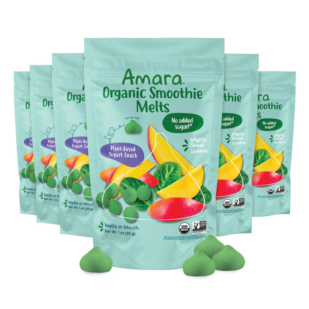 Amara Smoothie Melts packaging shows six resealable bags for on-the-go healthy snacking