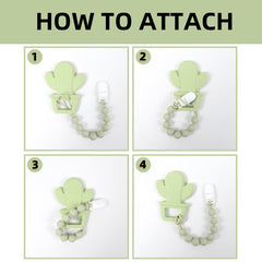 AmazingM Cacuts teether clipped to stroller for hands-free convenience